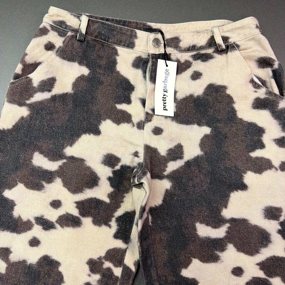 Pretty Garbage Cow Print Jeans Womens Large Wide Leg Black Cream Denim NWT - Picture 6 of 8